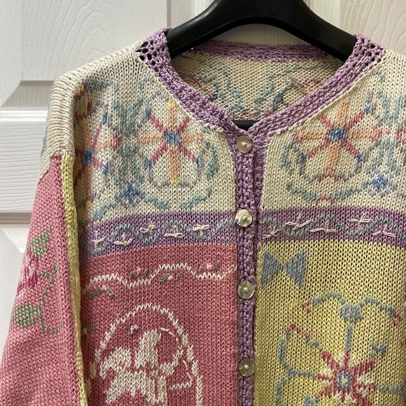 Vintage Handmade Women's Medium Spring Pastels Graphic Cardigan 90's Grannycore - Picture 1 of 15